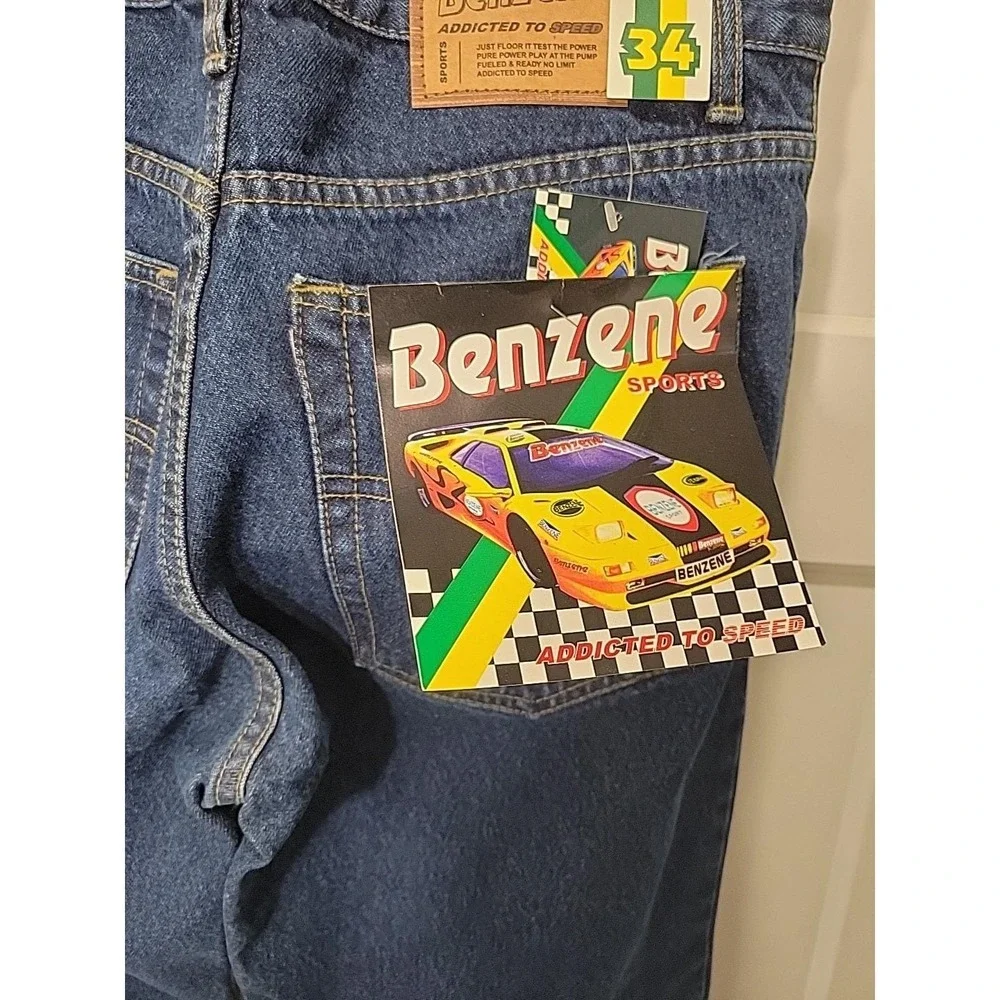 Benzene Sports Jeans Mens 34 Blue Denim Addicted To Speed NWT Vintage Y2K